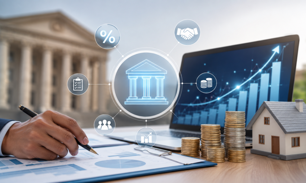 Banker reviewing loan documents with financial charts and interest rate graphs on digital screens.