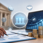 Banker reviewing loan documents with financial charts and interest rate graphs on digital screens.