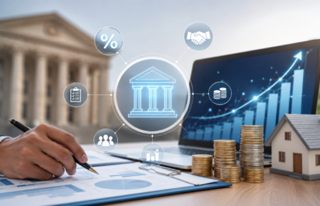 Banker reviewing loan documents with financial charts and interest rate graphs on digital screens.