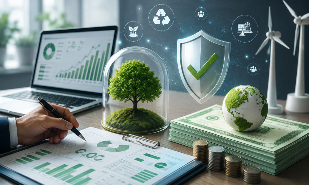 Business professionals reviewing ESG reports with green finance charts, wind turbines and sustainable investment icons.