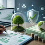 Business professionals reviewing ESG reports with green finance charts, wind turbines and sustainable investment icons.