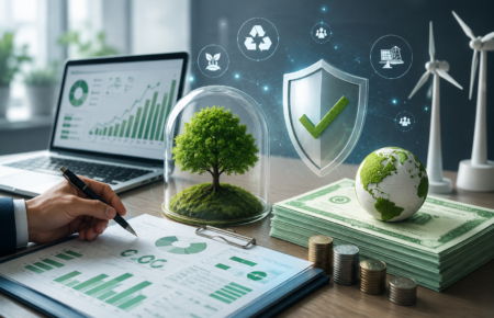 Business professionals reviewing ESG reports with green finance charts, wind turbines and sustainable investment icons.