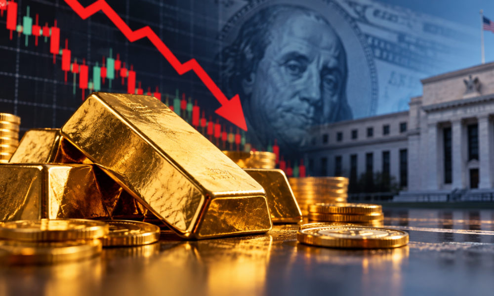 Gold bars and gold prices on a global financial market screen