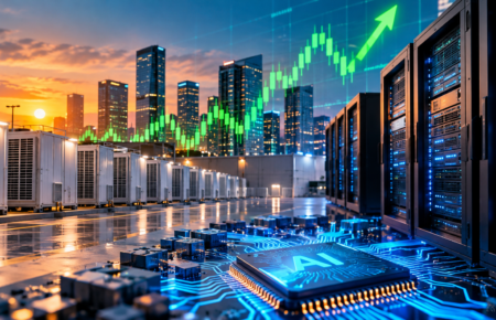 Data-centre servers and fibre-optic cables supporting AI infrastructure