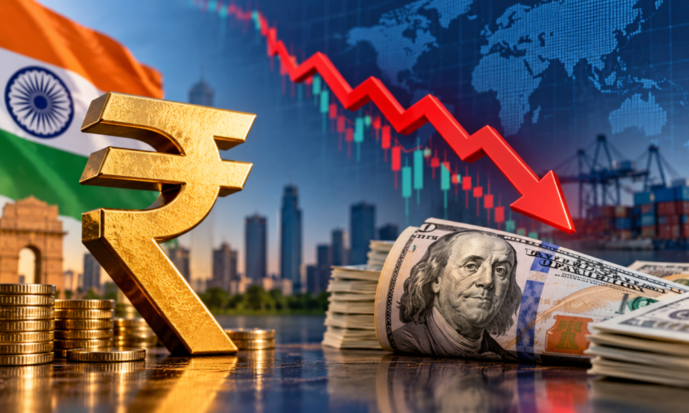 Indian rupee and US dollar banknotes beside a financial calculator