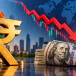 Indian rupee and US dollar banknotes beside a financial calculator