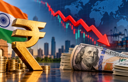 Indian rupee and US dollar banknotes beside a financial calculator