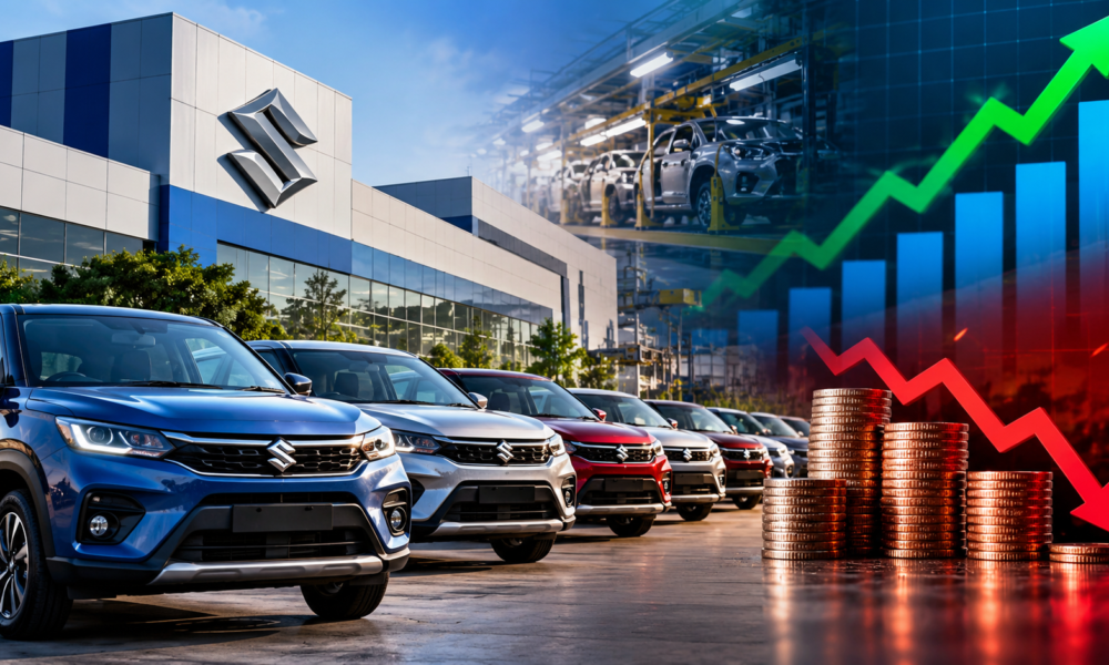 Maruti Suzuki passenger vehicles on an automobile manufacturing assembly line in India