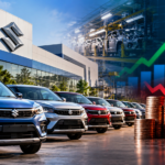 Maruti Suzuki passenger vehicles on an automobile manufacturing assembly line in India