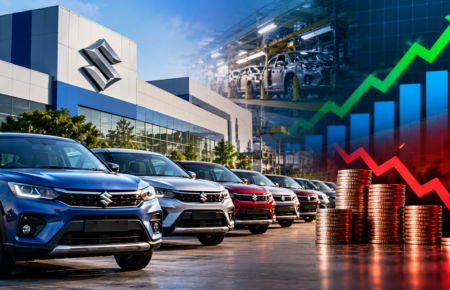 Maruti Suzuki passenger vehicles on an automobile manufacturing assembly line in India